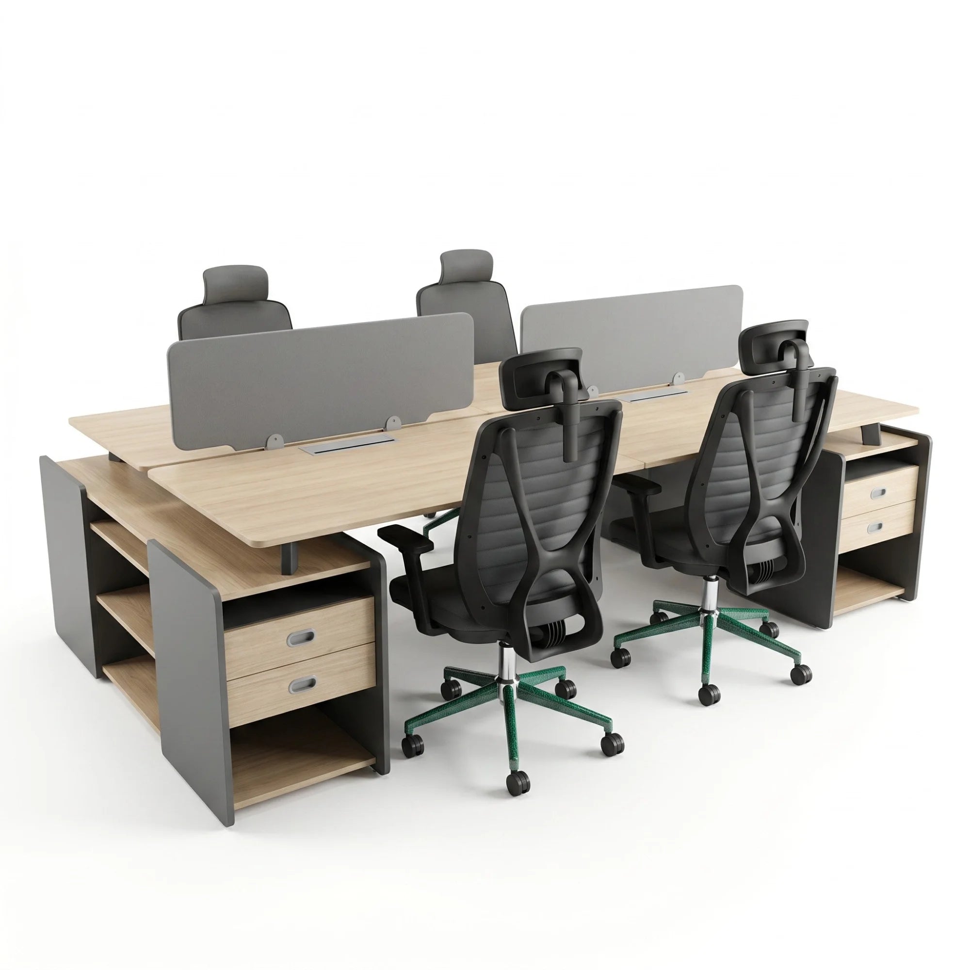 İstanbul Ofis Mobilya Katar 4'lü ahşap çalışma masası, gri bölücülü ve çekmeceli modern ofis workstation tasarımı.