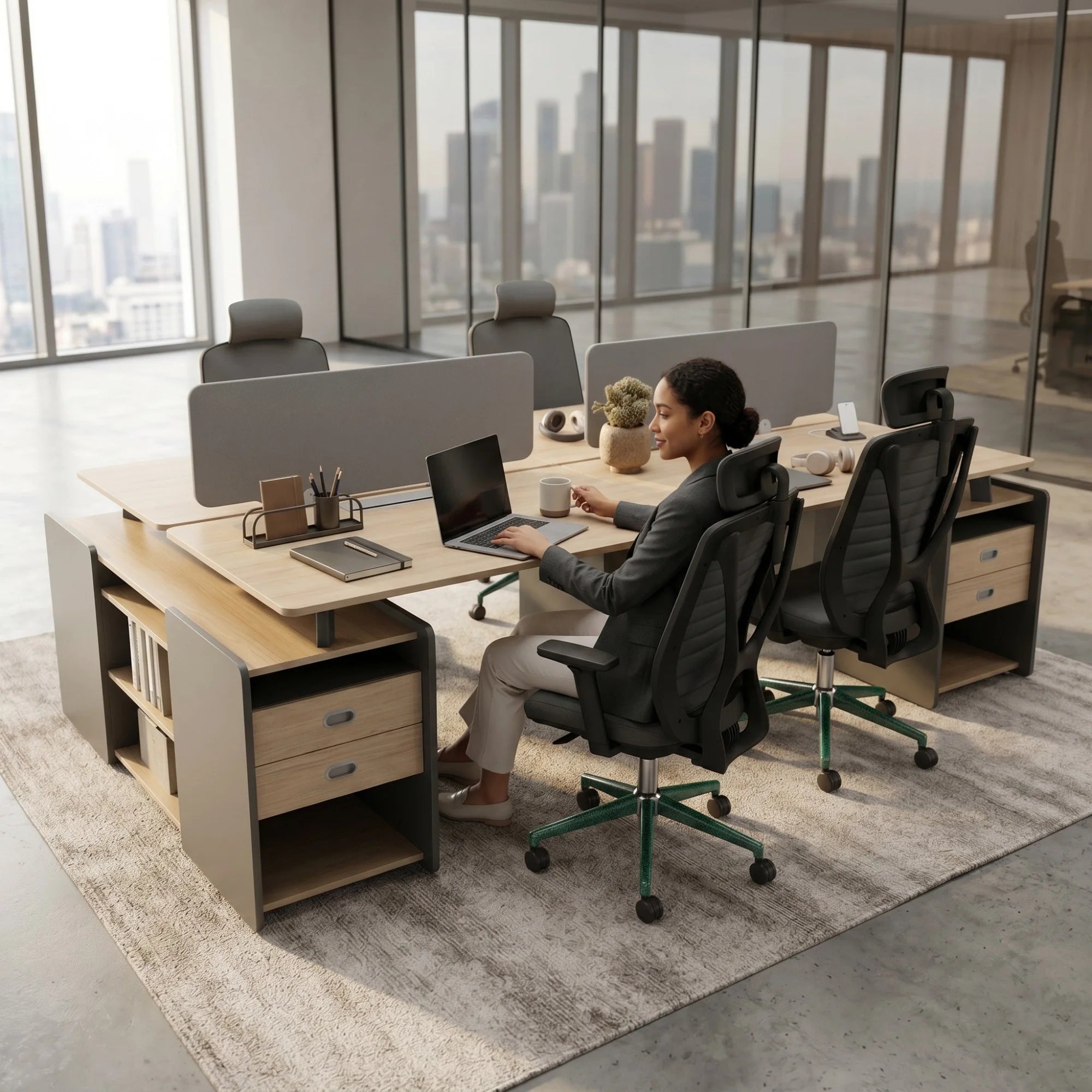 İstanbul Ofis Mobilya Katar 4lü ahşap çalışma masası, modern ofis ortamında gri bölücülü ve çekmeceli workstation