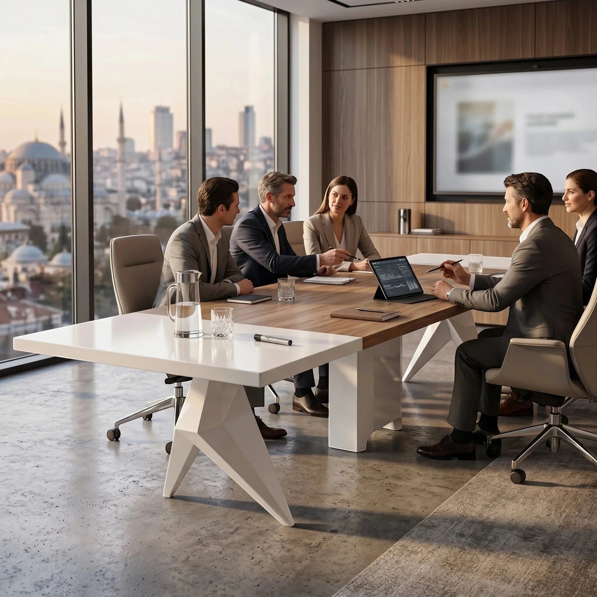 İstanbul Ofis Mobilya modern ahşap ve beyaz toplantı masası, kurumsal ofis ortamında profesyonel ekip ile kullanımda.