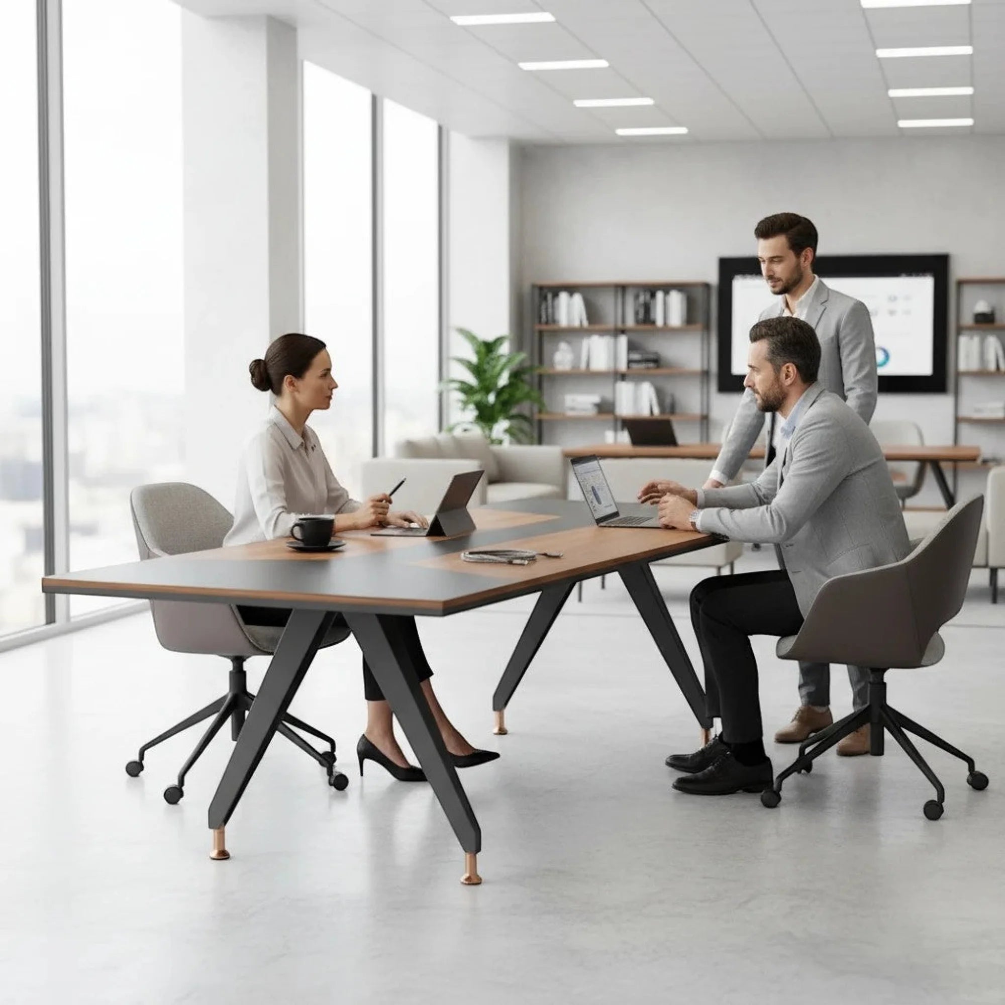 İstanbul Ofis Mobilya Kassel toplantı masası, modern ahşap ve siyah detaylı tasarımıyla şık ofis ortamında.